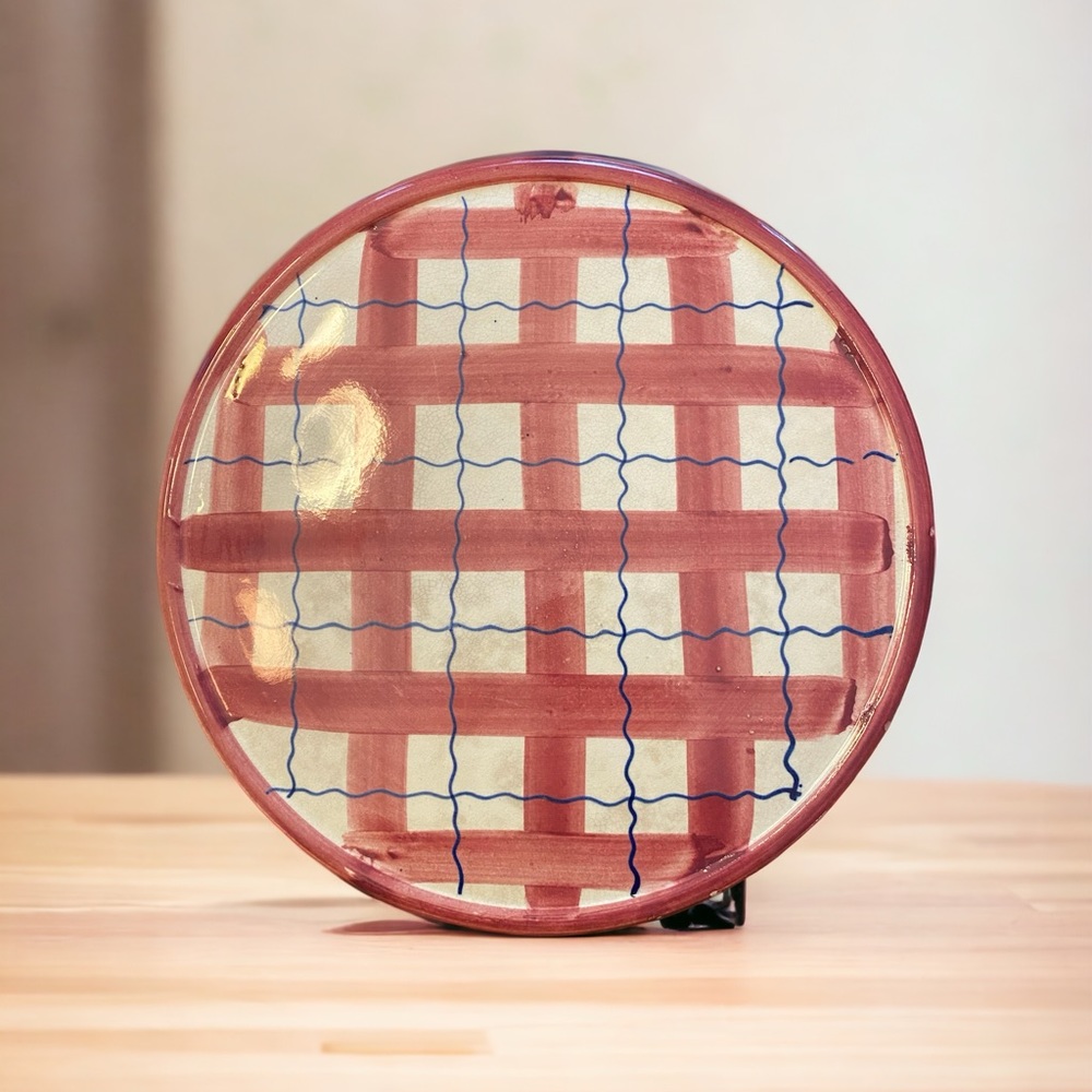 Vintage Mid-Century Japanese Ceramic Plaid Dinner Plate Hand-Painted Red & Blue